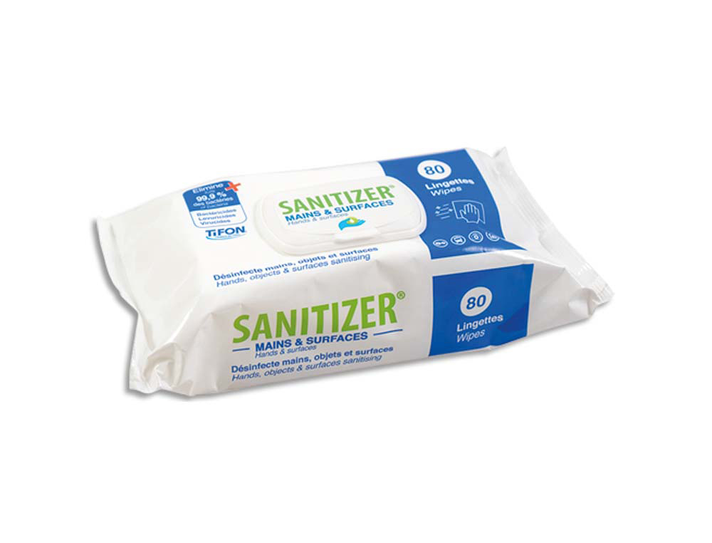 Lingettes desinfectantes sanitizer tifon pour mains et surfaces actif coronavirus format 17 x 20 cm 80 unites