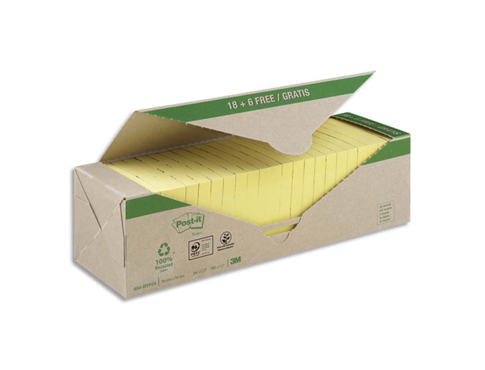 Notes repositionnables post-it recyclées jaunes format 76 x 76 mm 100 feuilles pack 24 blocs