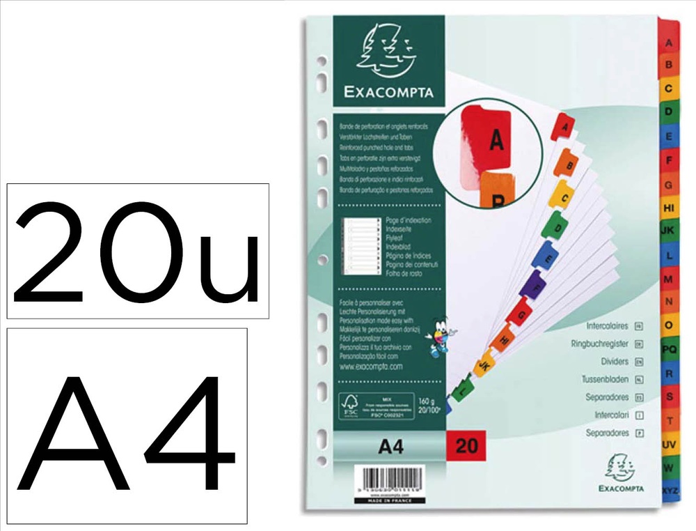 Intercalaires alphabétiques exacompta 20 positions carte 170 g format a4 onglet mylar