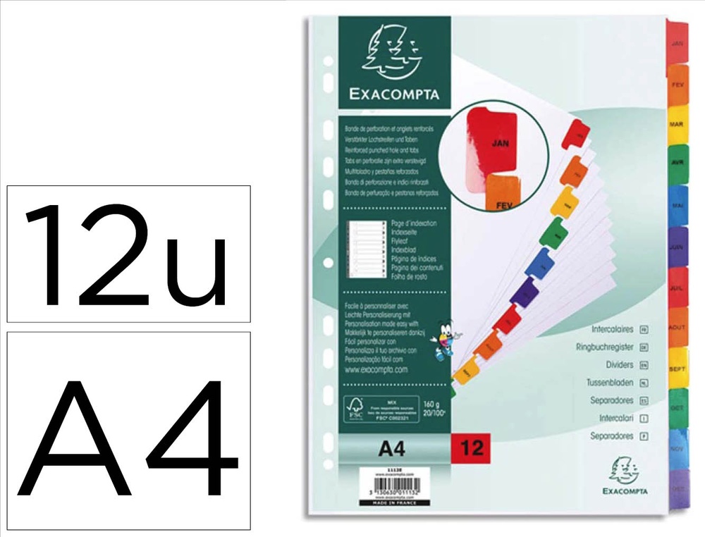 Intercalaires janvier à décembre exacompta carte blanche format a4