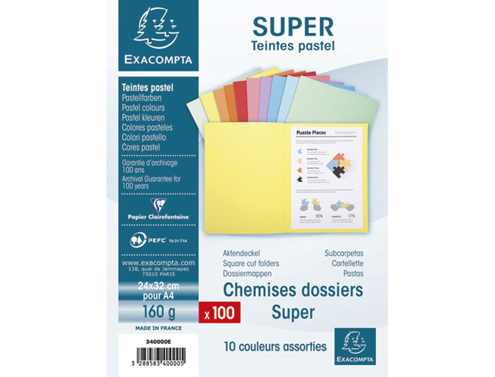 Chemises super 180 exacompta carte 160 g coloris assortis paquet 100