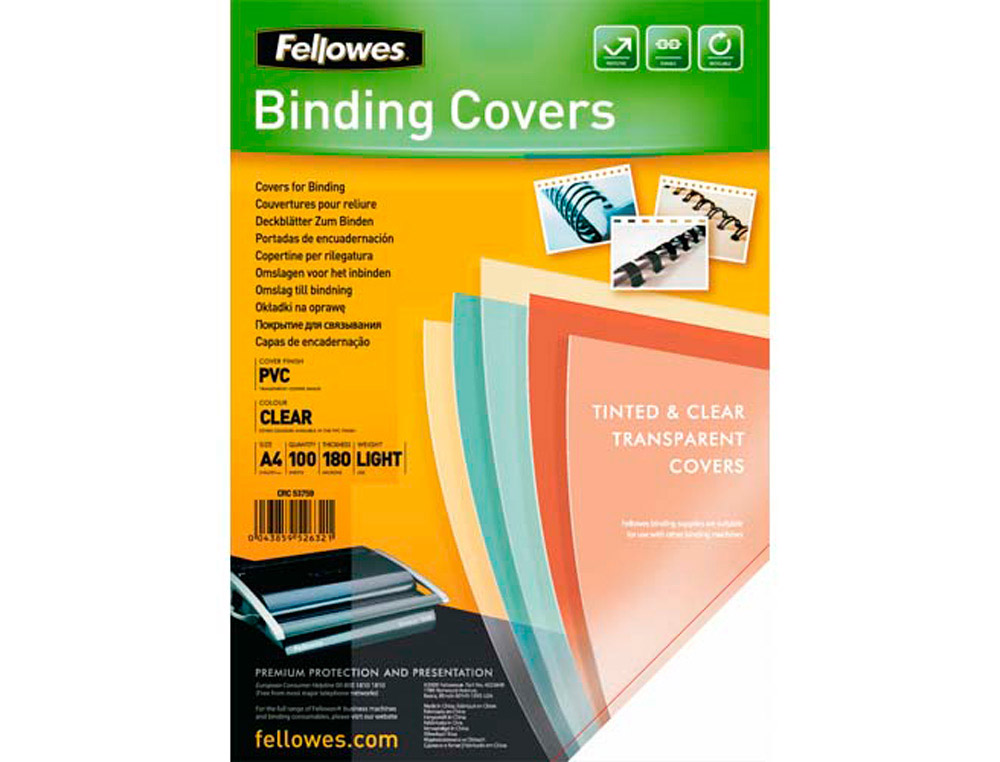 Plats de couverture pvc fellowes format a4 180 microns boîte 100