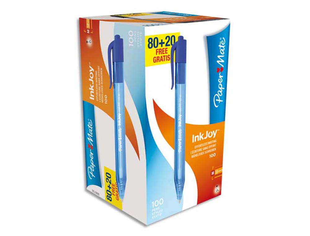Stylo-bille paper mate inkjoy 100 écriture moyenne 0.7mm encre ultra douce résiste bavures rétractable bleu pack 100u