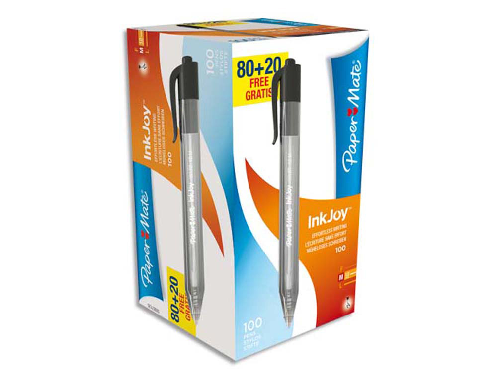 Stylo-bille paper mate inkjoy 100 écriture moyenne 0.7mm encre ultra douce résiste bavures rétractable noir pack 100u
