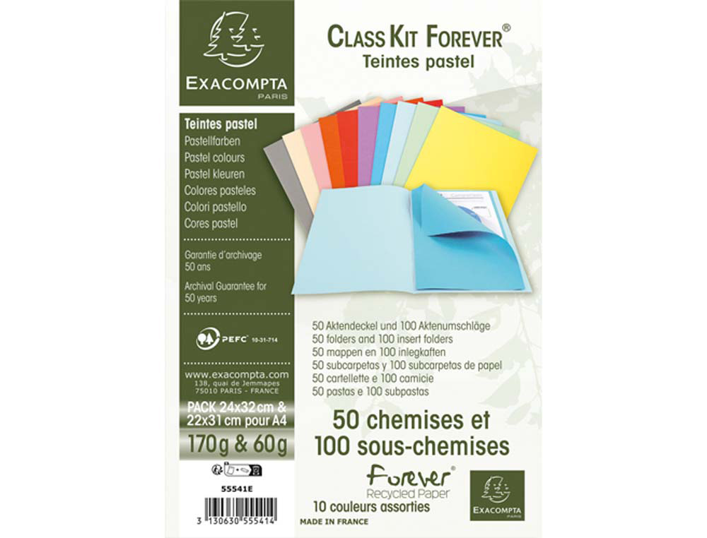 Chemise exacompta class'kit coloris pastel kit 50 chemises 170g + 100 sous chemises 60g