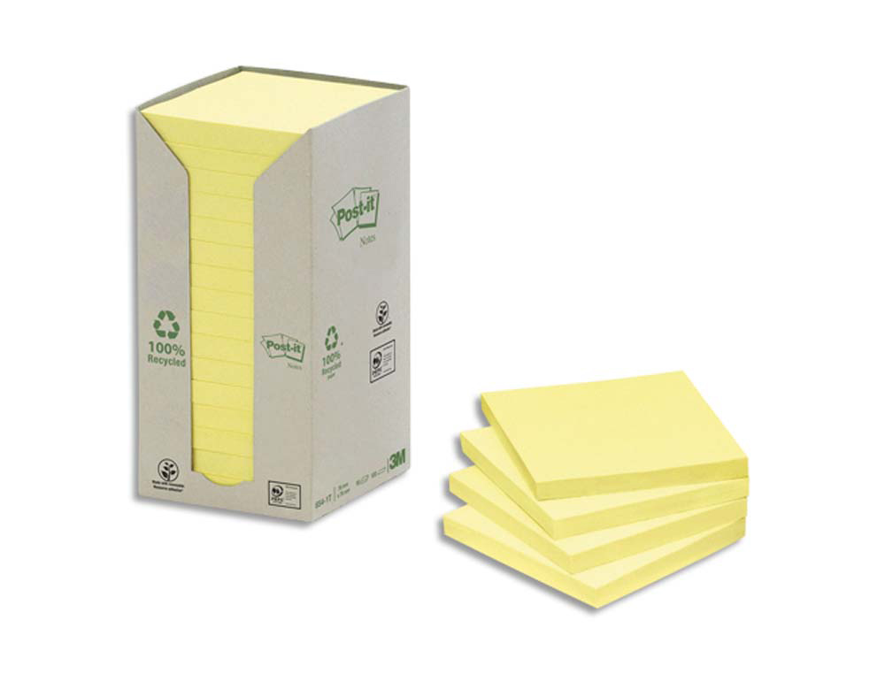 Bloc-notes post-it papier recyclé 76x76mm 100f/bloc repositionnables coloris jaune tour 16 blocs