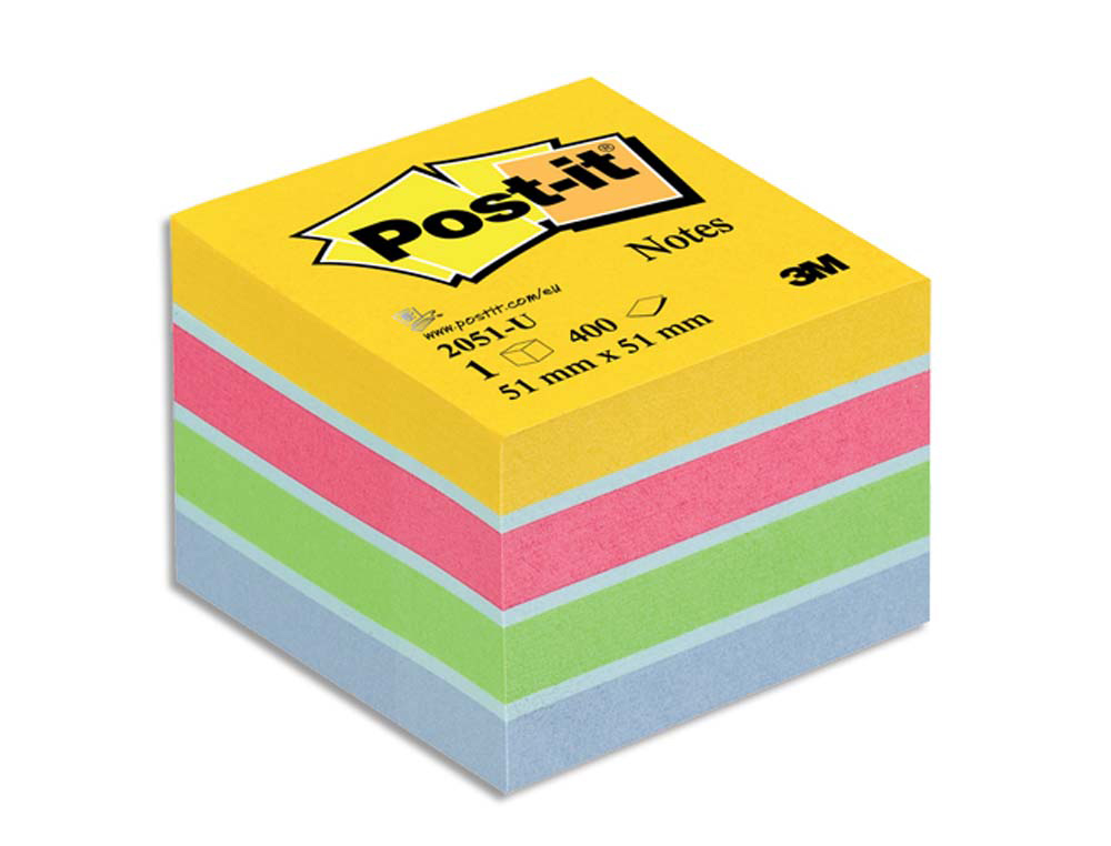 Bloc-notes post-it mini 51x51mm 400f 4 coloris fluo jaune rose bleu vert