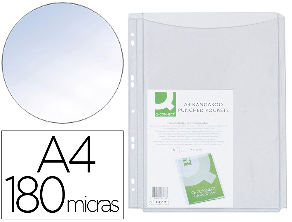 Pochette q-connect pvc 18/100e perforée soufflet capacité 100f plan a4 sachet 5 unités