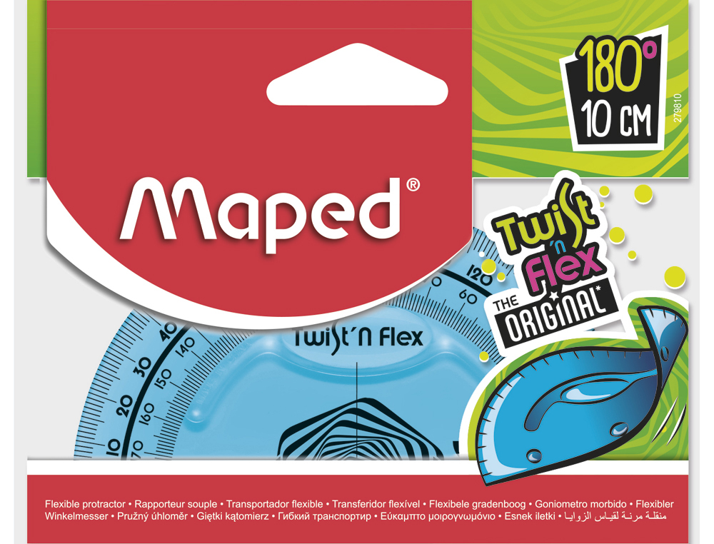 Rapporteur maped twist'n'flex 180 degrés 10cm gradué souple incassable ludique 3 coloris assortis bleu vert rose