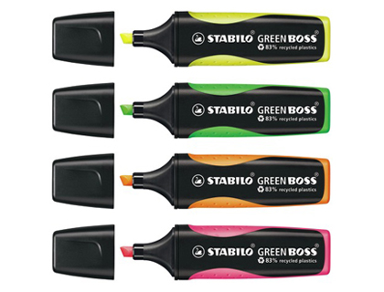 Surligneur stabilo green boss écologique pointe biseautée encre universelle base eau résistante lumière couleur jaune