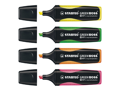 Surligneur stabilo green boss écologique pointe biseautée encre base eau résistante lumière pochette 4 unités