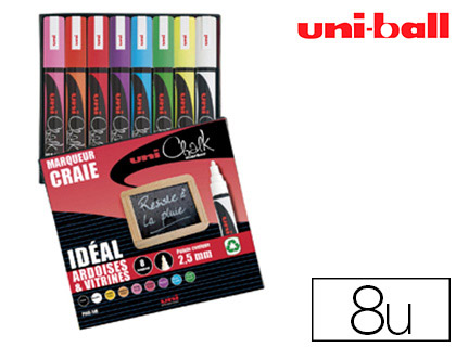 Marqueur uniball craie chalk marker pointe moyenne 2/3mm craie liquide couleur lumineuse pochette 8 unites