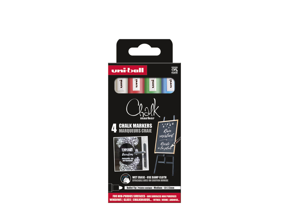Marqueur uniball craie chalk fine 1.8/2.5mm ideale ardoise s vitrines résiste pluie couleurs lumineuses boîte 4 unités