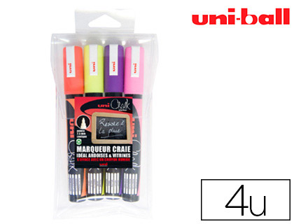 Marqueur uniball craie chalk pointe fine 1.8/2.5mm craie liquide couleurs lumineuses      pochette 4 unites