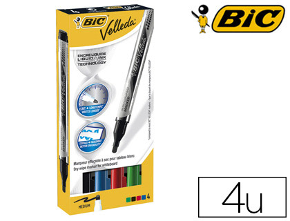 Marqueur bic velleda pocket effaçable pointe ogive tracé 3mm encre liquide format poche coloris standards boîte 4u