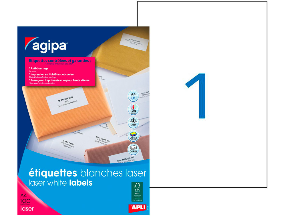 Étiquette adhésive apli agipa imprimante laser copieur 210x297mm boîte 100 unités
