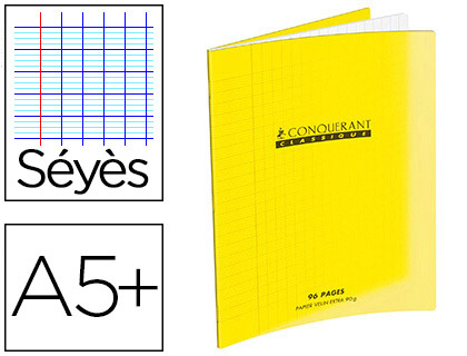 Cahier piqué conquérant classique couverture polypropylène rigide transparente a5+ 17x22m 60 pages 90g séyès jaune