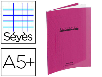 Cahier piqué conquérant classique couverture polypropylène rigide transparente a5+ 17x22cm 60 pages 90g séyès violet