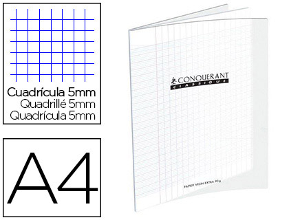 Cahier piqué conquérant classique couverture polypropylène rigide transparente a4 21x29,7cm 96 pages 90g 5x5mm incolore
