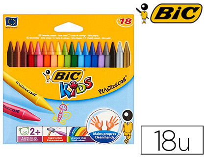 Crayon cire bic kids plastidécor 120mm résistant non salissant étui carton 18 unités