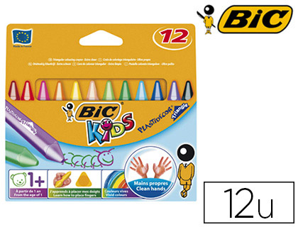Crayon cire bic kids plastidécor triangle gros 90mm diamètre 12mm résistant non salissant étui carton 12 unités
