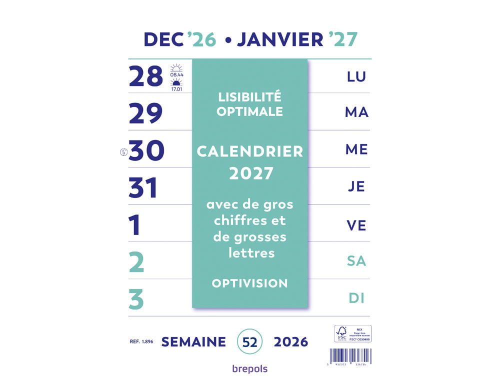 Calendrier brepols optivision caractères agrandis 21x29,7 cm1 semaine/page