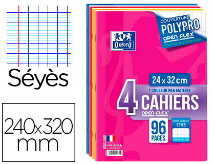 Cahier oxford openflex couverture résistante indéchirable a4+ 24x32cm 96 pages séyès lot 4unités