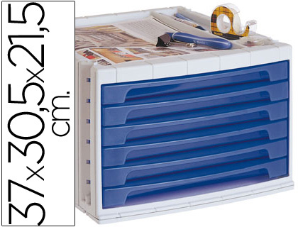 Module classement q-connect 6 tiroirs 370x305x215mm coloris bleu transparent