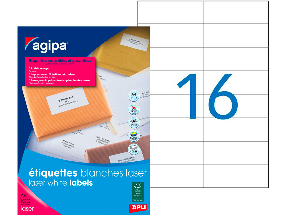Étiquette adhésive apli agipa imprimante laser copieur 105x37mm boîte 1600 unités