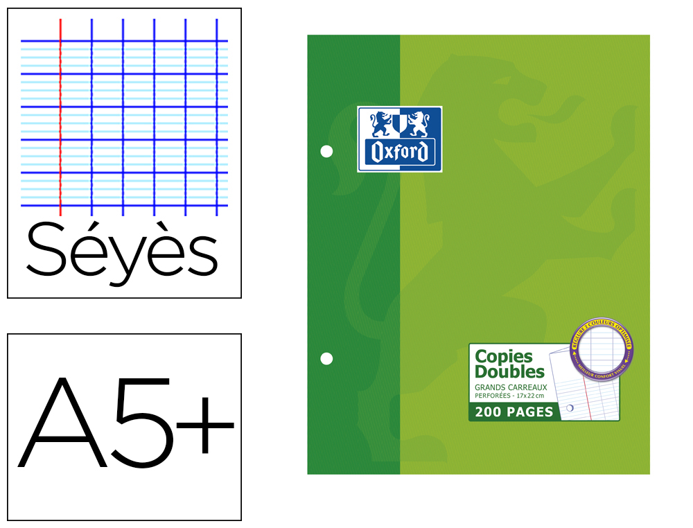 Copie double oxford a5+ 170x220mm 200p séyès perforées