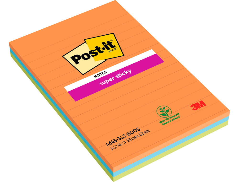 Bloc-notes post-it super sticky grand format 102x152mm 45f lignées repositionnables coloris assortis 3 blocs