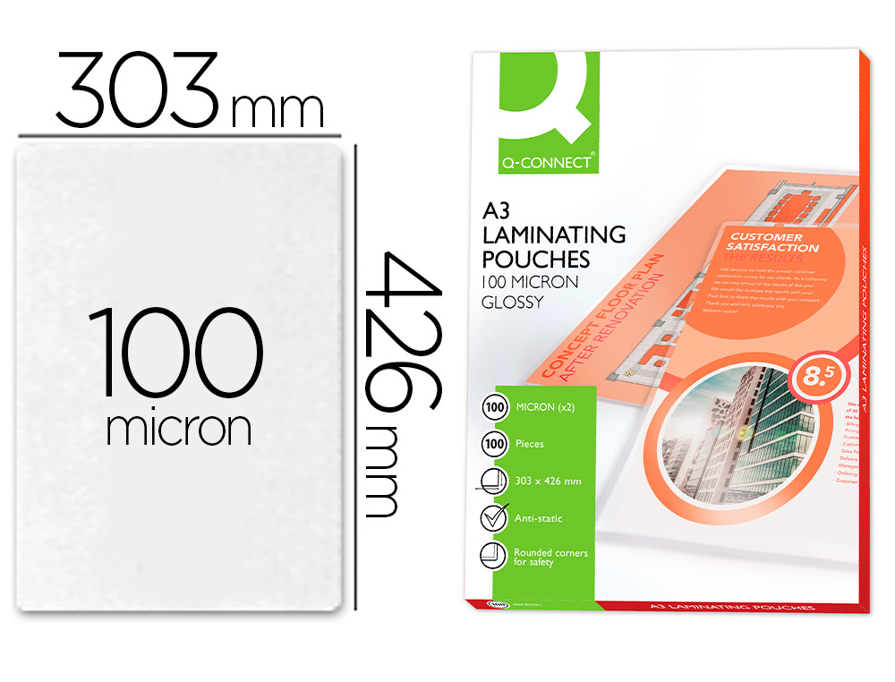 Pochette plastification q-connect à chaud économique format a3 100 microns boîte 100 unités