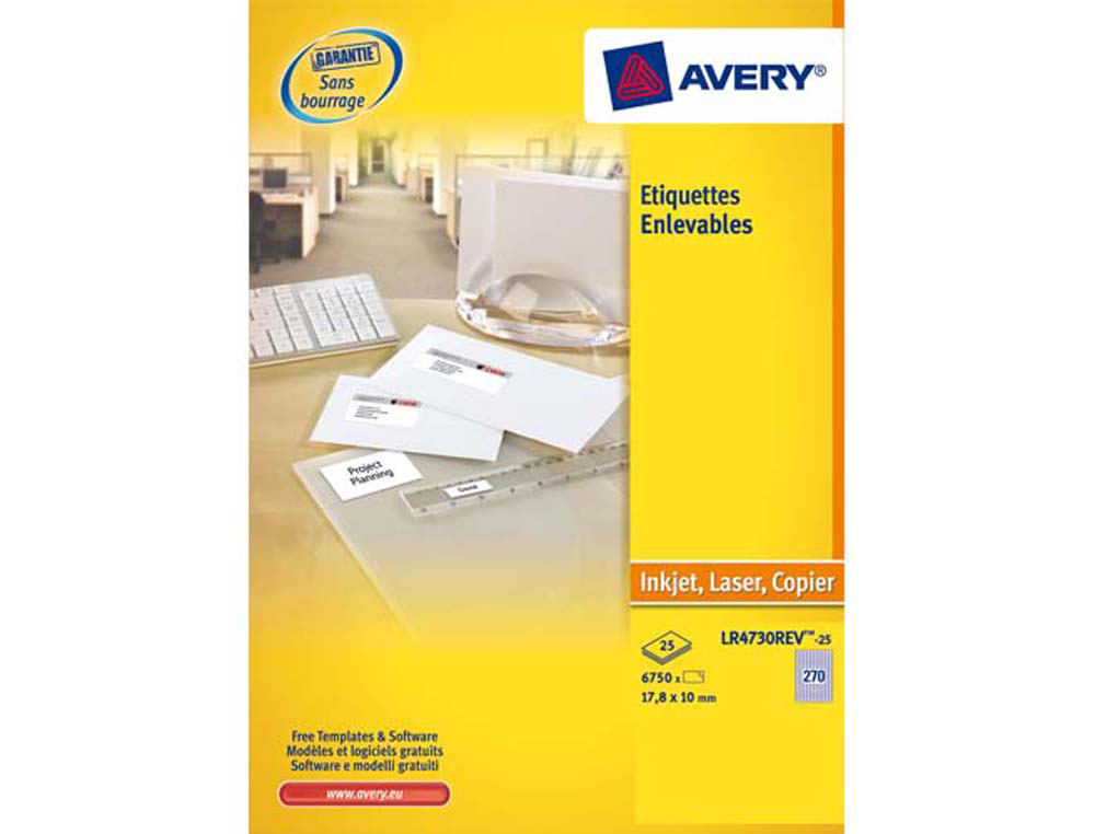 Étiquette adhésive avery enlevable laser jet d'encre 99.1x42.3mm écologique boîte 300 unités