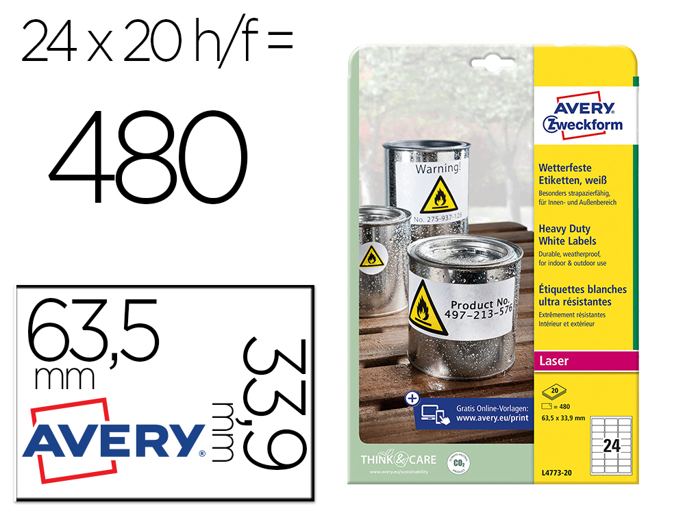 Étiquette adhésive avery ultra-résistante impression laser 63.5x33.9mm pochette 480 unités