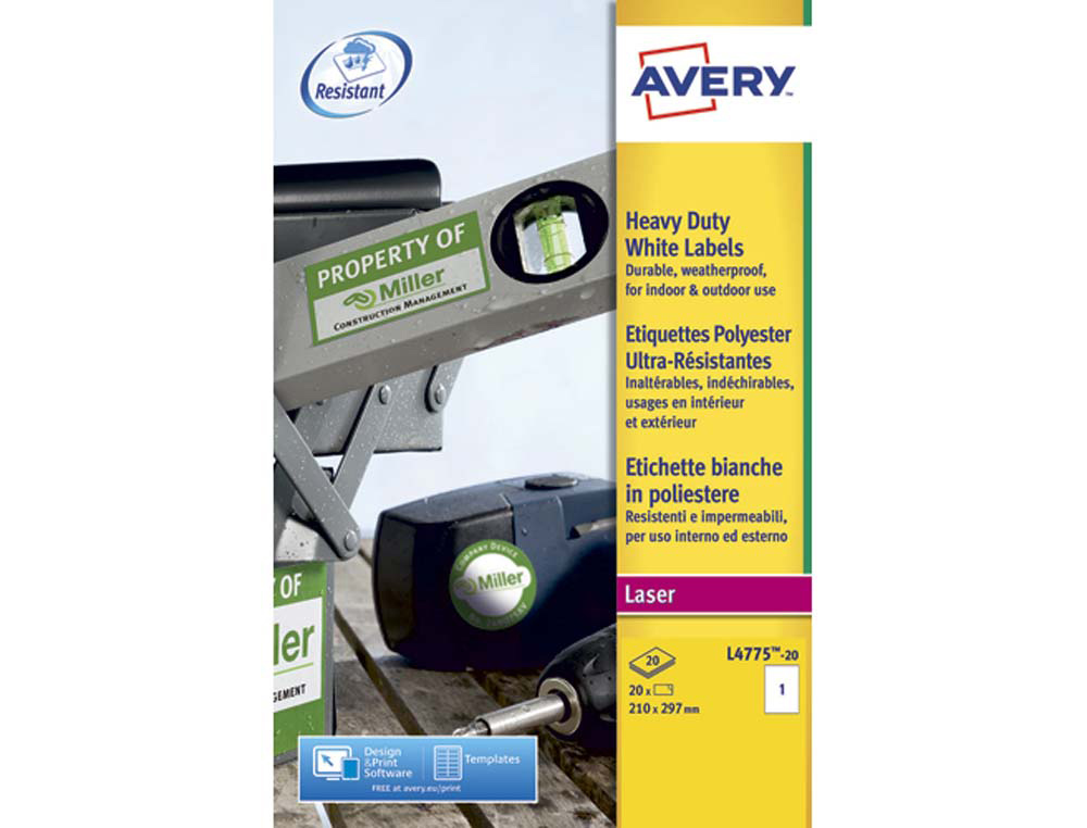 Étiquette adhésive avery ultra-résistante impression laser 210x297mm pochette 20 unités