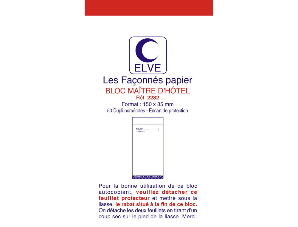 Bloc maître d'hôtel elve papier autocopiant numéroté 1/50 85x150mm 50 duplis bleu rouge