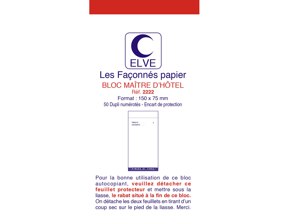 Bloc maître d'hôtel elve papier autocopiant numéroté 1/50 75x150mm 50 duplis bleu rouge