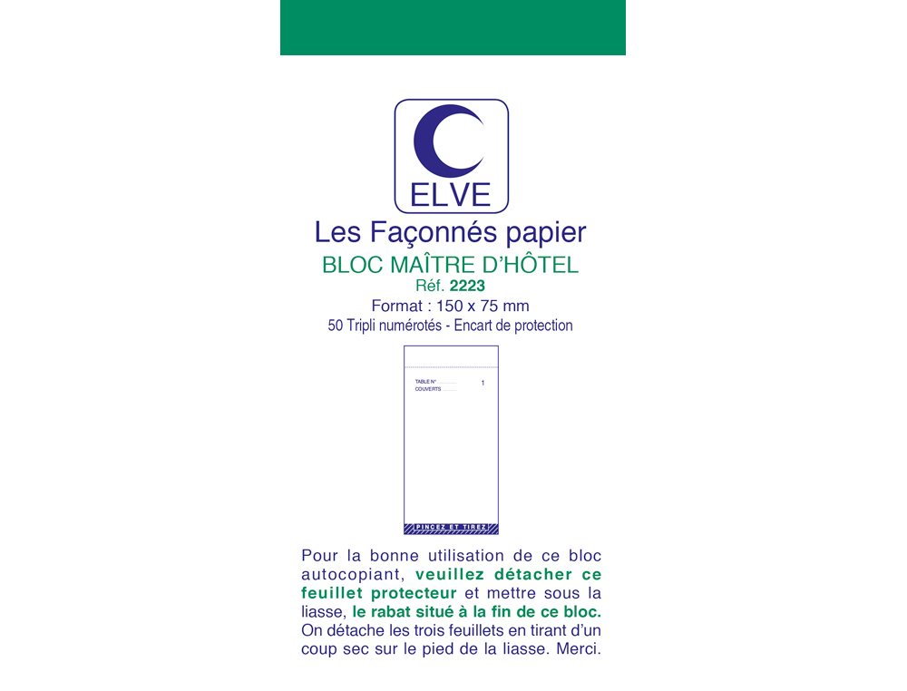 Bloc maître d'hôtel elve papier autocopiant numéroté 1/50 75x150mm 50 triplis bleu rouge vert