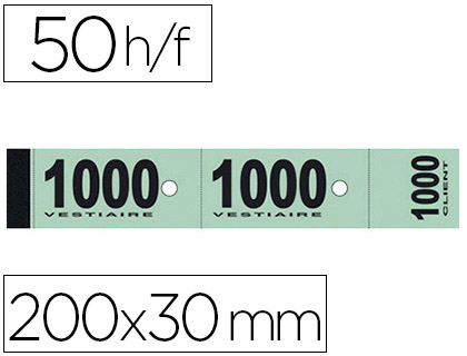 Bloc vestiaire piqué elve 3 coupons perforés détachables numérotés 1/1000 30x200mm 50 feuillets coloris vert