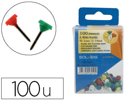 Épingle sign tête plate diamètre 5mm hauteur 14mm coloris asortis boîte distributrice 100 unités