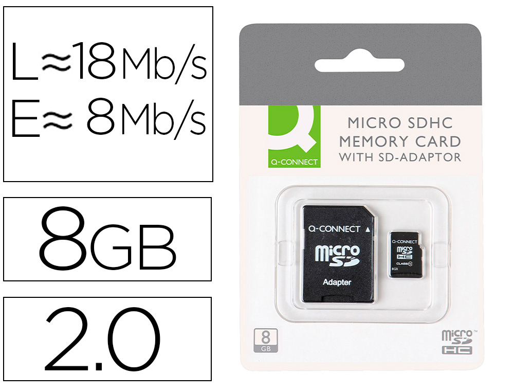 Carte micro q-connect sdhc adaptateur sd capacité 8gb classe 4 téléphones portables tablettes