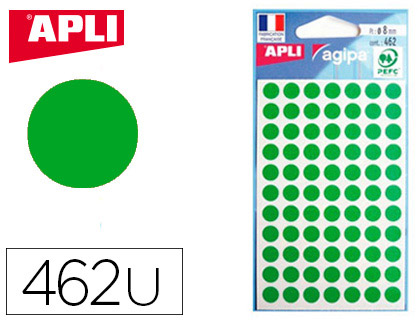 Pastille adhésive apli agipa diamètre 8 mm coloris vert pochette 462 unités