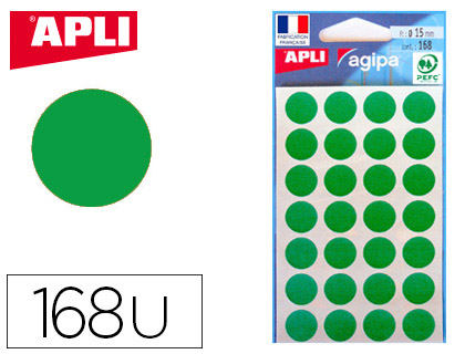 Pastille adhésive apli agipa diamètre 15mm coloris vert pochette 168 unités