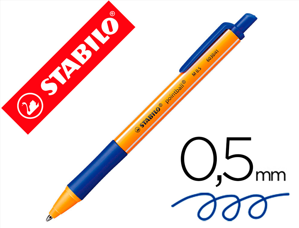Stylo-bille stabilo pointball plastique recyclé 3500m d'écriture rechargeable rétractable grip antidérapant bleu