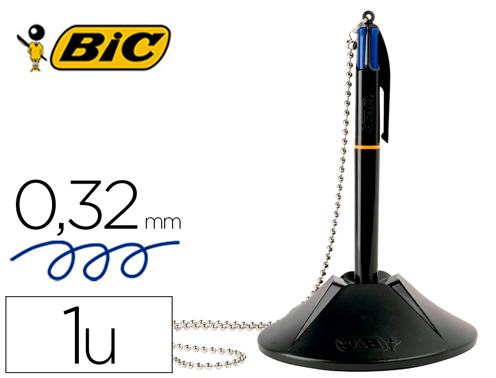 Stylo-bille bic sur socle base lestée chaîne sécurisée rétractable rechargeable 4 cartouches couleur bleu