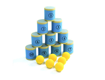 Jeu chamboule tout mousse contient 10 boîtes 10x8cm 6 balles diamètre 6cm