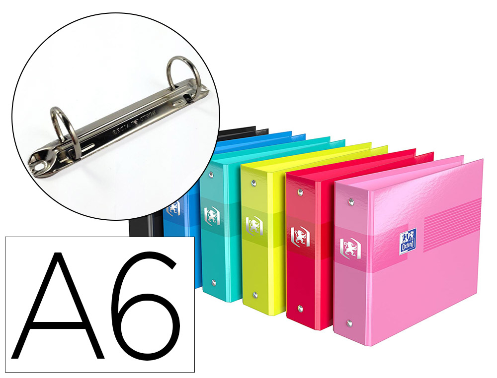 Classeur à fiches oxford 2 anneaux ronds 25mm format a6 105x148mm dos 35mm couleurs assorties