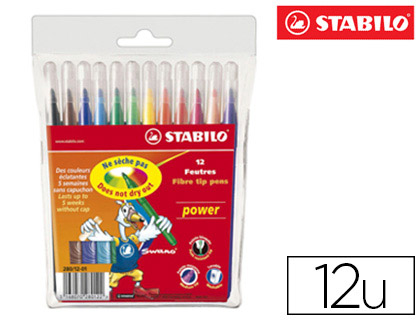 Feutre coloriage stabilo power capuchon ventilé encre lavable pointe moyenne ne sèche pas pochette 12 unités