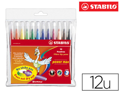 Feutre coloriage stabilo power max encre lavable corps large pointe large bloquée pochette 12 unités