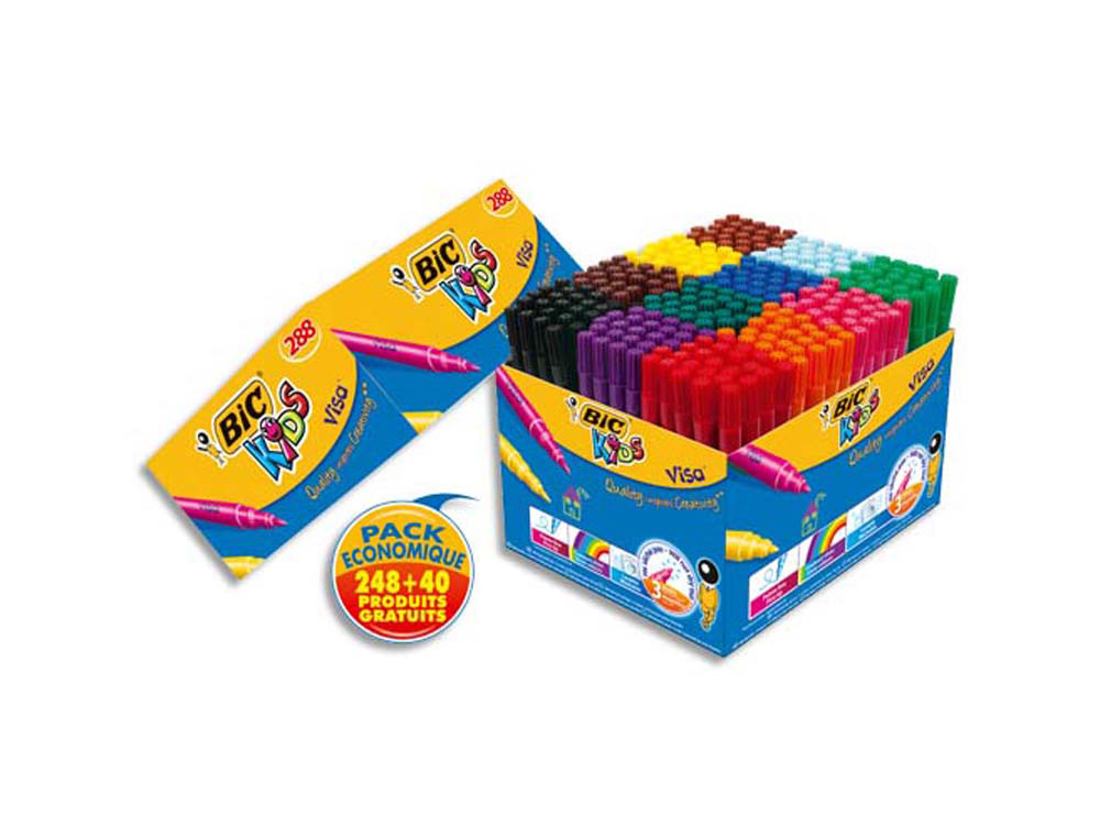 Feutre bic kids visa coloriage pointe fine bloquée ultra-résistante 12 couleurs assorties coffret scolaire 288 unités